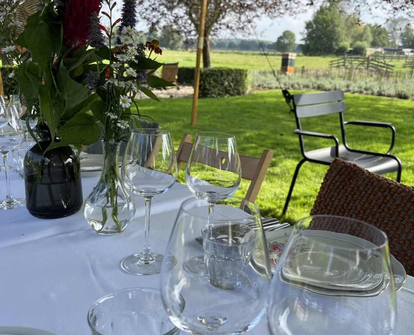Gedekte tafel met wijnglazen en uitzicht op het weiland Gedekte tafel met wijnglazen en uitzicht op het weiland
